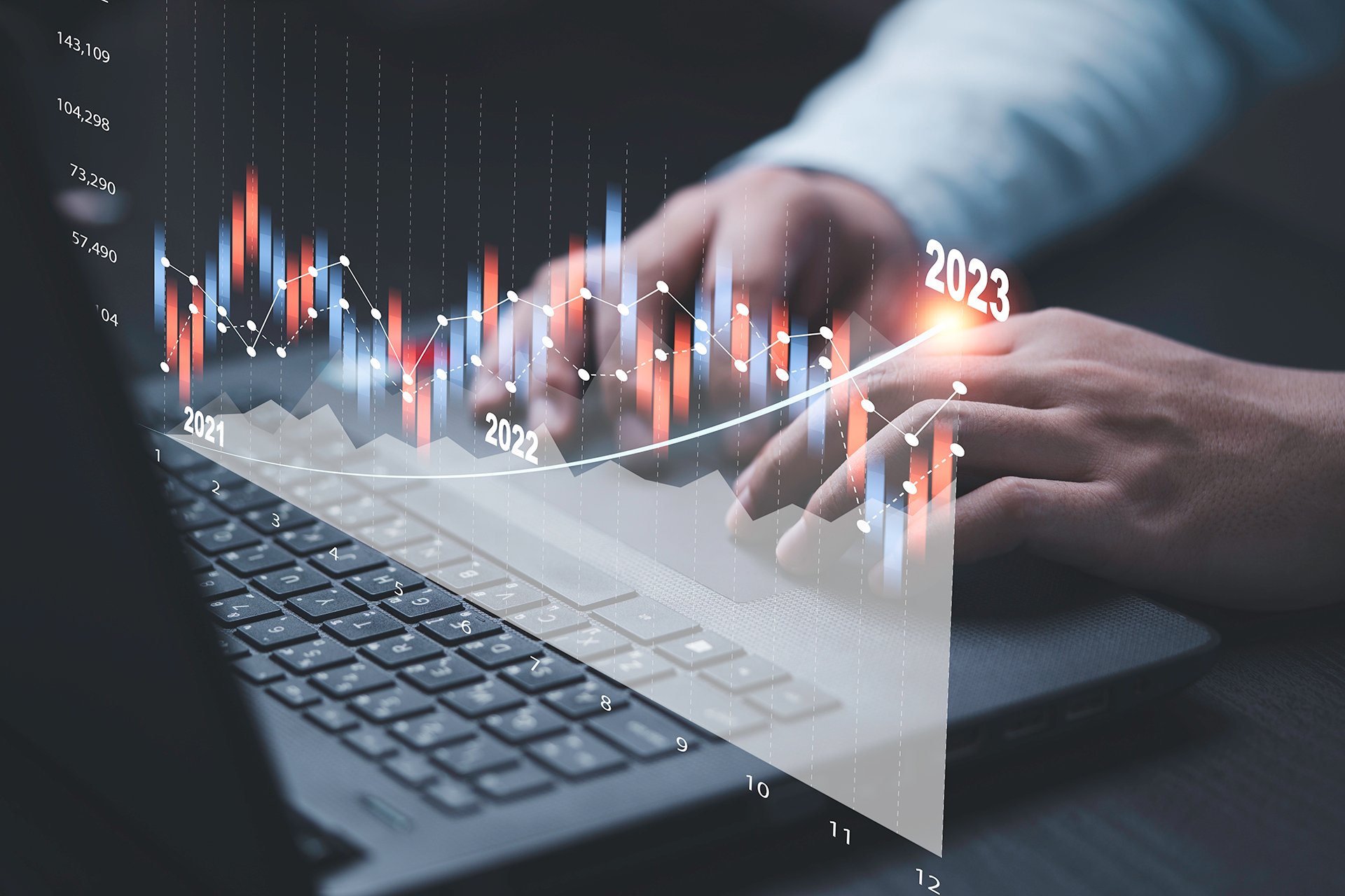 trader fund manager using computer laptop drawing technical graph chart analysis stock market technology investment value investment concept