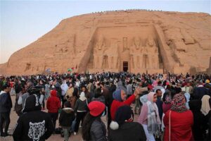 Crowds waiting for the biannual solar alignment in Abu Simbel Temple in Aswan governorate